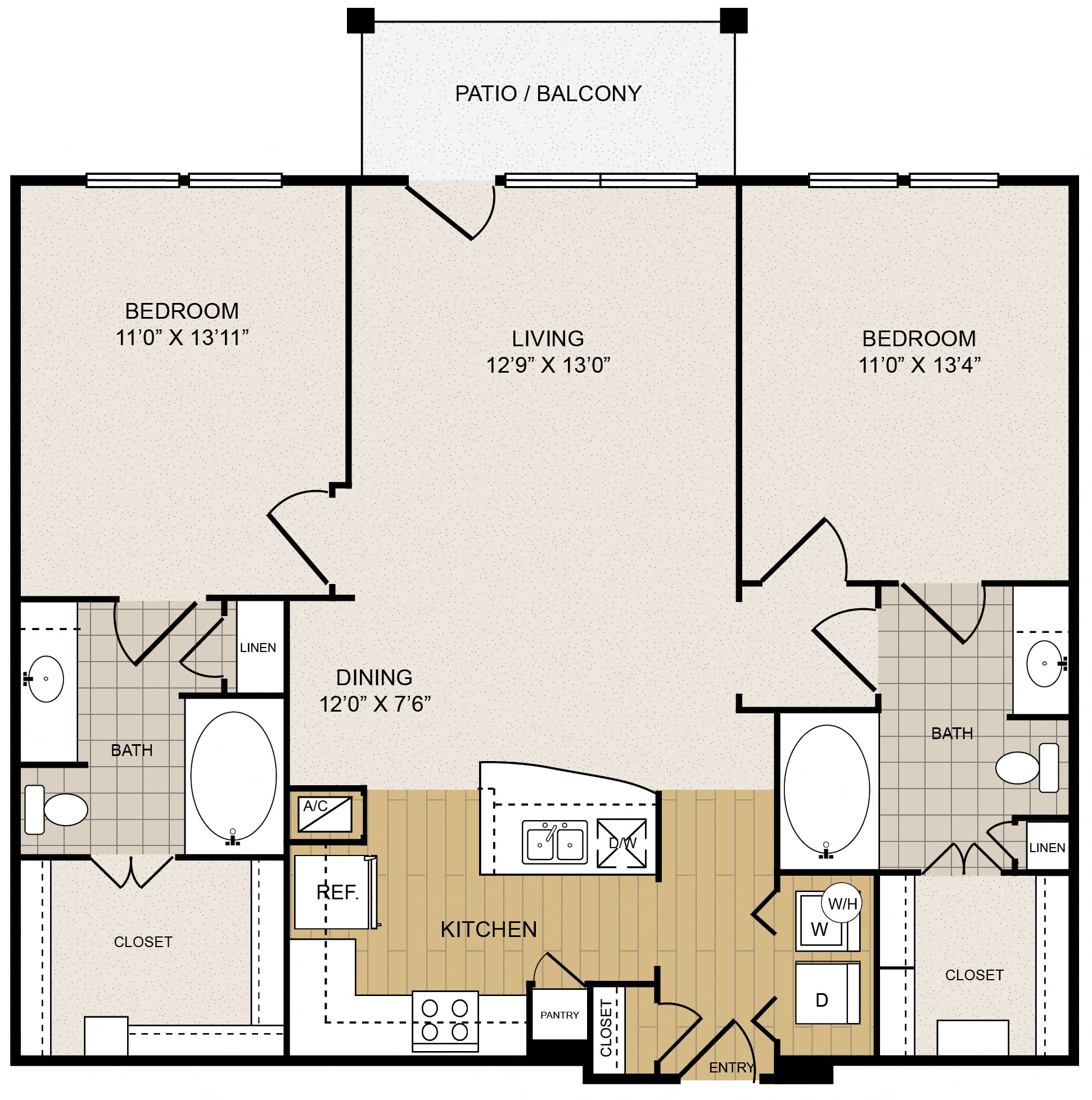 Floor plan for 2 beds, 2 baths, 1084 sqft